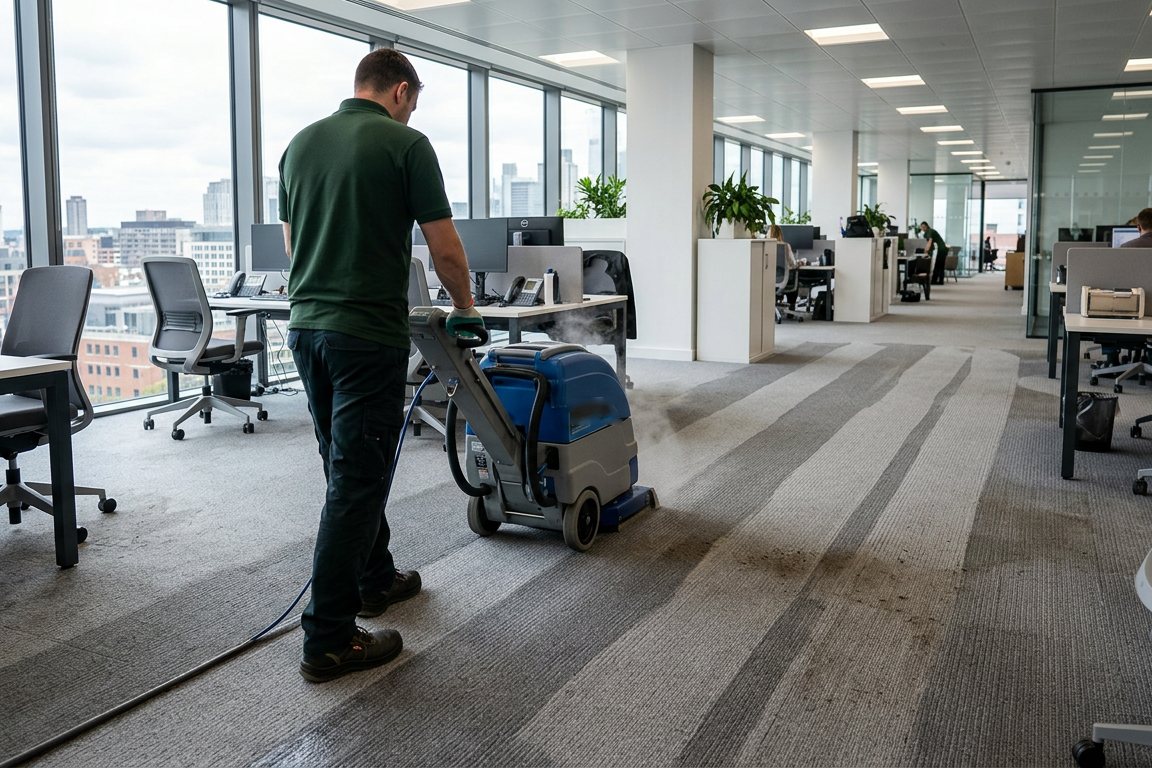 MultiCleanUK technician cleaning commercial office carpet
