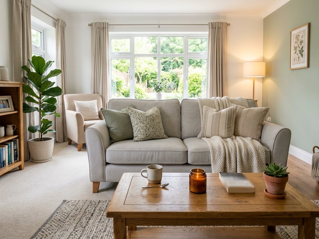 Clean, cosy living room with freshly cleaned carpet and sofa