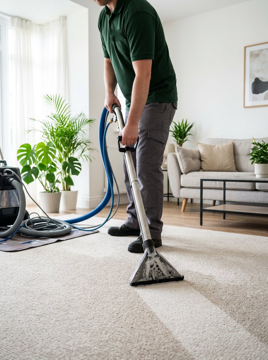 MultiCleanUK technician deep-cleaning a carpet with hot water extraction