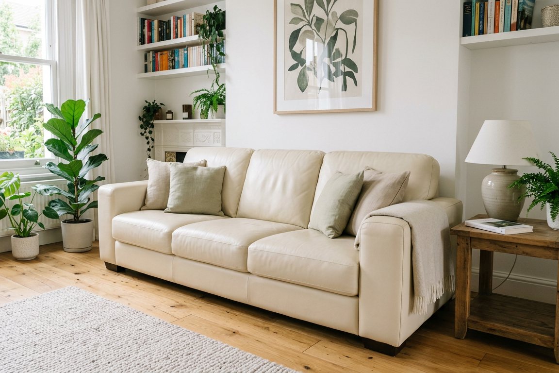 Cream leather sofa after cleaning