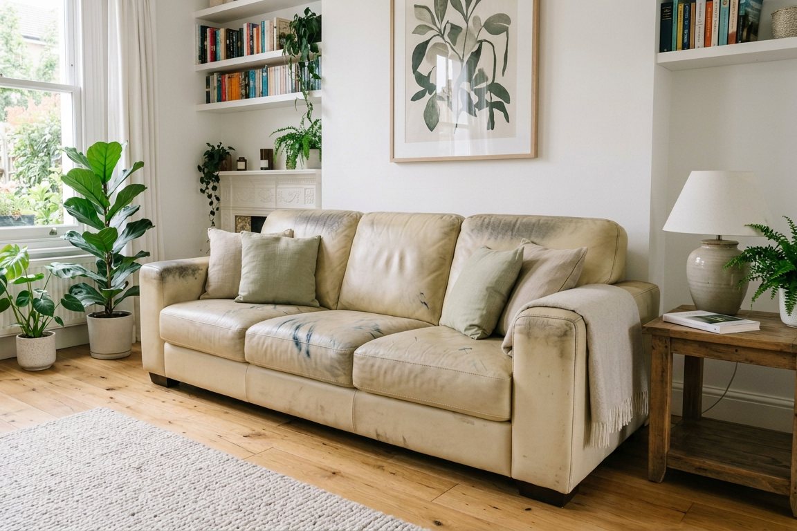 Cream leather sofa before cleaning